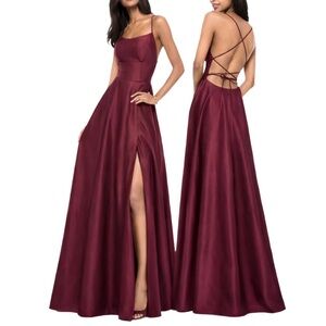 Sherri Hill Wine Burgundy Satin Lace Up Back Prom Formal Dress Slit Pockets Sz 2
